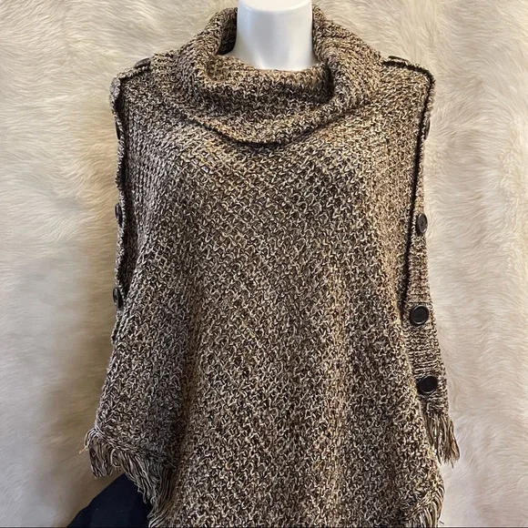 Cowl Neck Fringed Poncho - Picture 2 of 16